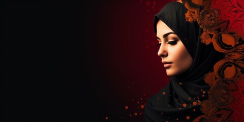 beautiful arabic person on a dark red background with arabic pattern and lot of negative space, banner for Arabic american Heritage Month 