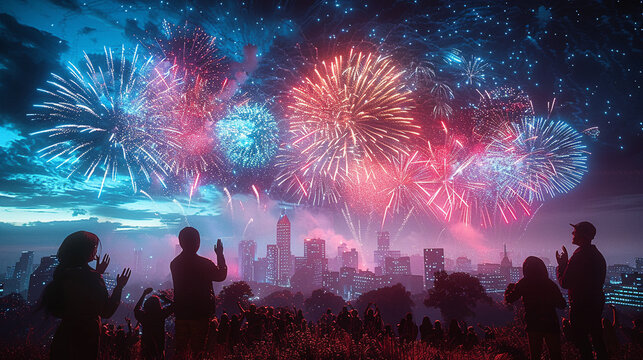 Spectacular fireworks display over city skyline.