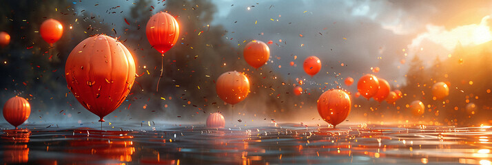 Radiant Celebration Scene: Golden Sunlight Over Turquoise Sea with Balloons and Confetti