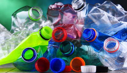 Empty colored carbonated drink bottles. Plastic waste - 784590757