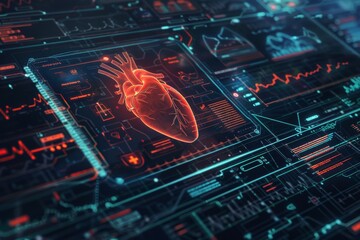 Computer screen with anatomic heart with an interface with medical information. Electronic health record (EHR) concept. Medical futuristic technology. - obrazy, fototapety, plakaty