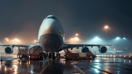 A cargo plane being loaded with freight at an international airport, under the glow of runway...