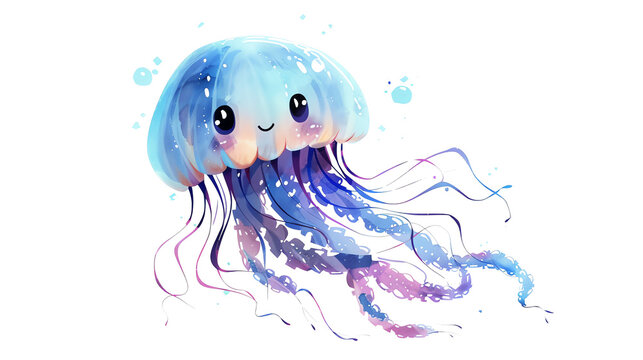 a Jellyfish drifting in the current, complete with a cute,The scene is set against a pure white background, emphasizing the character dynamic pose and the delightful expression of determination on its