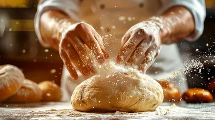 Poster baker kneads dough on a floured surface, preparing it for baking fresh bread © Pekr