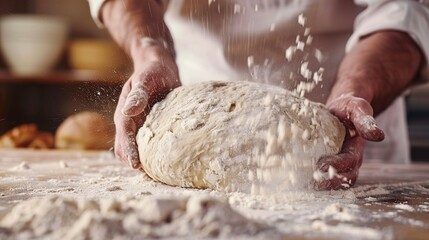 baker kneads dough on a floured surface, preparing it for baking fresh bread