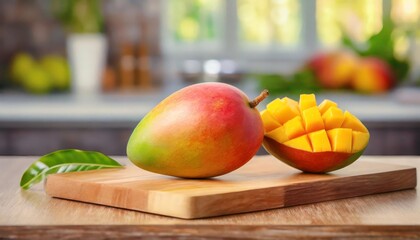A selection of fresh fruit: mango, sitting on a chopping board against blurred kitchen background; copy space
