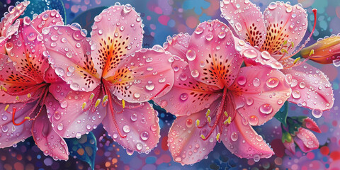 Beautiful Pink Flowers with Water Droplets in a Serene and Refreshing Spring Garden Botanical Painting - obrazy, fototapety, plakaty
