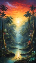 Traumhaftes Gemälde - Tropischer Wald - Stimmungsvoll - obrazy, fototapety, plakaty