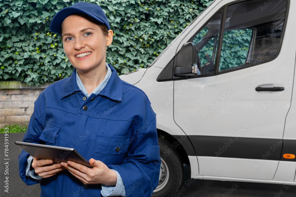 Aufkleber manager with a digital tablet on the background of delivery van. fleet management.