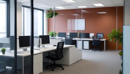 Naklejka na ściany i meble Modern office with empty desk and window. Loft interior. 