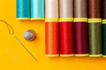 sewing-threads-many-colors-needle-thimble-placed-neatly