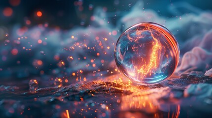 A glass ball with fire inside floats in water, creating a mesmerizing atmosphere