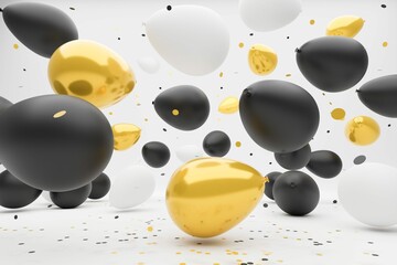 white-black-gold-colored-balloons-falling-bouncing-ground