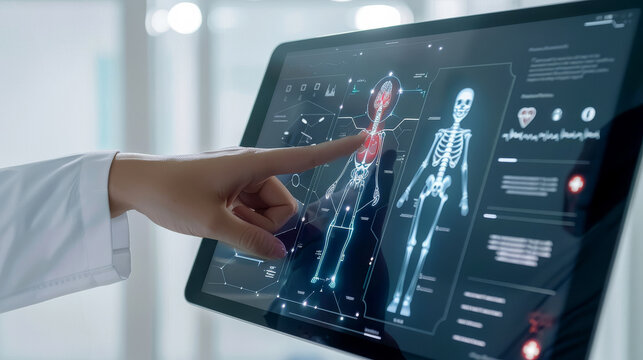 Doctor hand points on tablet screen with an interface with human body. Screen with patient medical information. Electronic health record (EHR) concept. Medical futuristic technology.