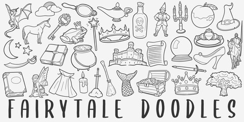 Fairytale Doodle Icons Black and White Line Art. Fantasy Clipart Hand Drawn Symbol Design.