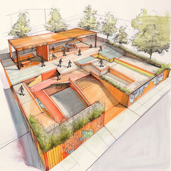 Vibrant Hand-Drawn Skatepark Concept Design Illustration