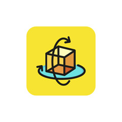 Icon of virtual three-dimensional cube. Rotation, figure, arrow. Geometry concept. Can be used for topics like 3D, imitation, simulation, augmented reality