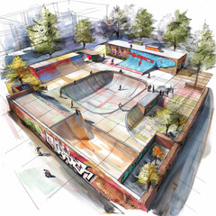 Fototapeta na wymiar Vibrant Urban Skatepark with Graffiti Art and Skaters