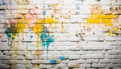 paint splatter on a white brick wall