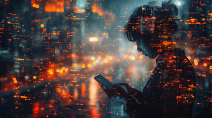 Double exposure of Night city and business man using digital tablet device as Business development concept.