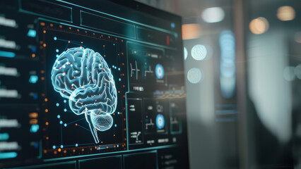 Computer screen with anatomic brain with an interface with medical information. Electronic health record (EHR) concept. Medical futuristic technology. - obrazy, fototapety, plakaty