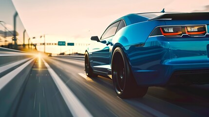 Fototapeta na wymiar Dynamic Blue Sports Car in Motion on a Highway at Sunset. Automotive Elegance and Performance Captured in Motion Blur. Perfect Shot for Speed and Design Enthusiasts. AI