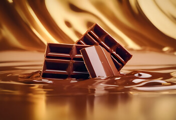 Pieces of dark chocolate partially submerged in a pool of melted chocolate, creating a luxurious...