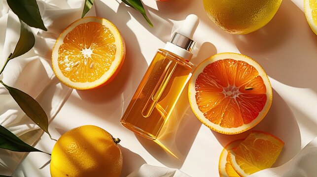 A high-end product photo of a luxury skincare serum enriched with vitamin C