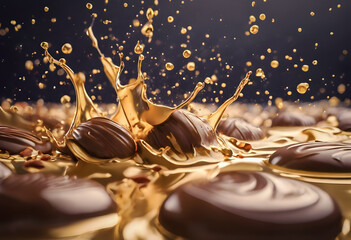 Chocolate candies splashing into liquid chocolate, creating dynamic droplets and ripples against a...