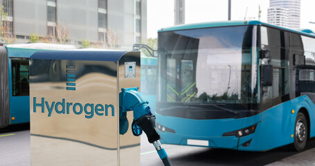 A hydrogen fuel cell bus with filling station. - obrazy, fototapety, plakaty
