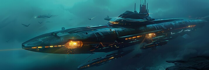 A gold smuggling submarine in a dystopian future, navigating underwater to transport illegal gold, with a stealthy design - obrazy, fototapety, plakaty