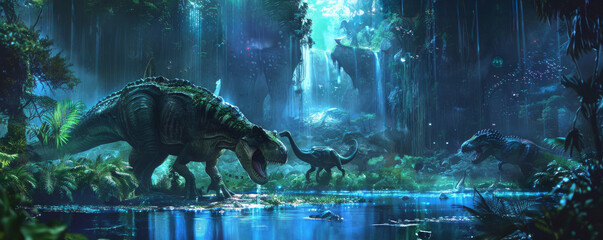 A futuristic zoo displaying extinct and mythical creatures in holographic habitats