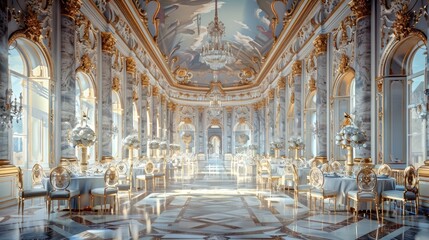 Regal Owls Dine in Opulent Baroque Castle Hall with Ornate Architectural Details and Lavish Furnishings - obrazy, fototapety, plakaty