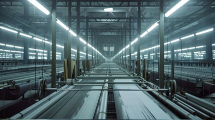 A high-tech textile factory using automated looms and AI to produce fabrics, highlighting the evolution of the garment industry