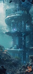 Naklejka na ściany i meble An autonomous, self-sustaining underwater colony on Europa, exploring alien marine life beneath the icy surface