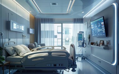 An uncluttered patient room in a smart hospital, with technology integrated subtly for a focus on patient comfort and care