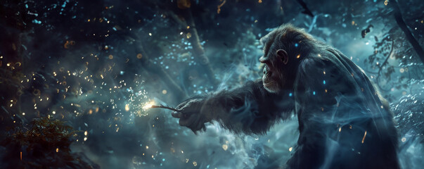 Chimpanzee sorcerer with a wand, summoning elemental magic in a dark enchanted forest