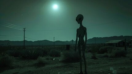Moonlit Area 51, a stealthy alien encounter amidst the notorious desert facility - obrazy, fototapety, plakaty