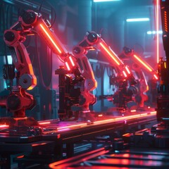 Neon-lit robotic arms in synchronized work at a futuristic assembly line - obrazy, fototapety, plakaty