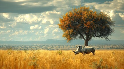 Infant rhino under a tree, African plains background with room for text, great for endangered species awareness campaigns - obrazy, fototapety, plakaty