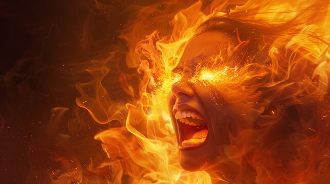 An anguished expression framed by flames, illustrating the scorching effect of heat, Fire element,