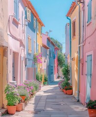 Fototapeta na wymiar Colorful Streetscape: Pastel Houses and Flower Pots in Photorealistic Detail