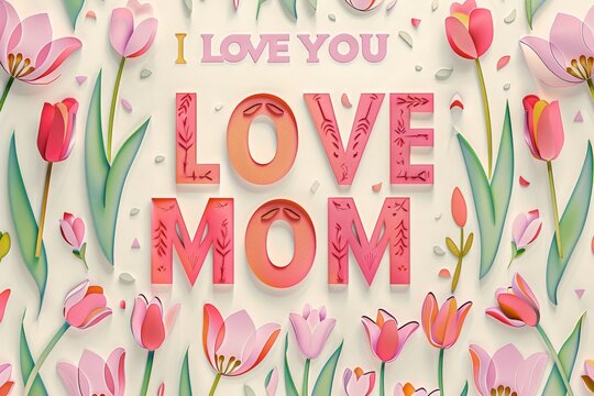 Happy Mother's Day greeting card design with text "I LOVE YOU". illustration of paper cut tulips and daisies in a pink color background for celebrating mother day or birthday, Happy Birthday mockup 