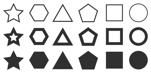 Form set from thin to thick line, set of different geometric shapes form, circle figure elements, frames and borders, star triangle square pentagon hexagon icons collection