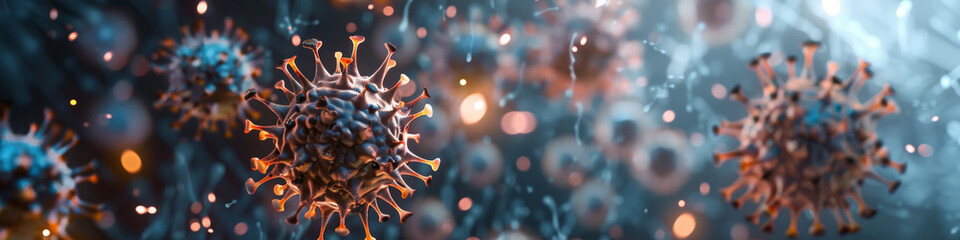 Banner Microscopic Virus Particles bacteriophages: Medical, Innovation. Life: Biological Study. - obrazy, fototapety, plakaty