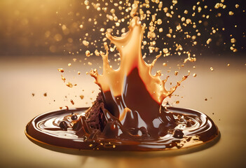 A dynamic splash of coffee over a chocolate piece, with droplets suspended in air, set against a...