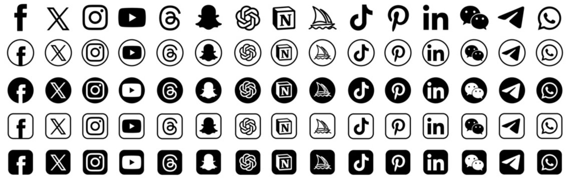 Social Media app set and AI chatbot services, web social media logo, facebook, x, instagram, telegram, whatsapp, snapchat, tiktok, threads, chatgpt, notion, social media button