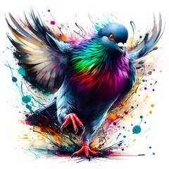 Obraz premium A colorful wild Pigeon in full roar charging directly towards