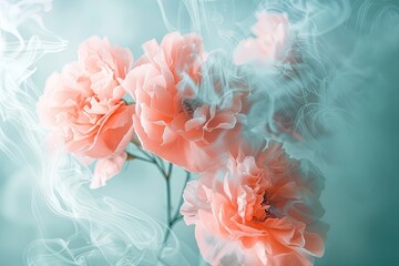 A serene composition featuring delicate pink roses surrounded by a gentle smoky effect on a soft turquoise background..