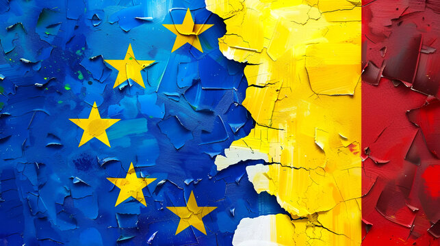 Creative background of the flag of Europe and the flag of Romania, Schengen Agreement